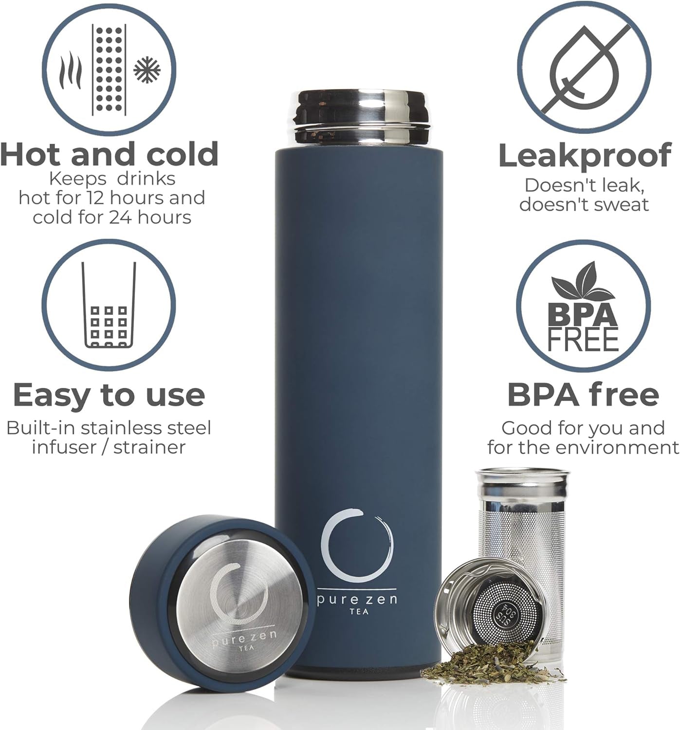 Stainless Steel Tea Infuser Bottle - Travel Tea Mug - 15oz Blue